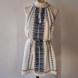 Joie white cotton with blue embroidery Greek-inspired mini-dress, size M